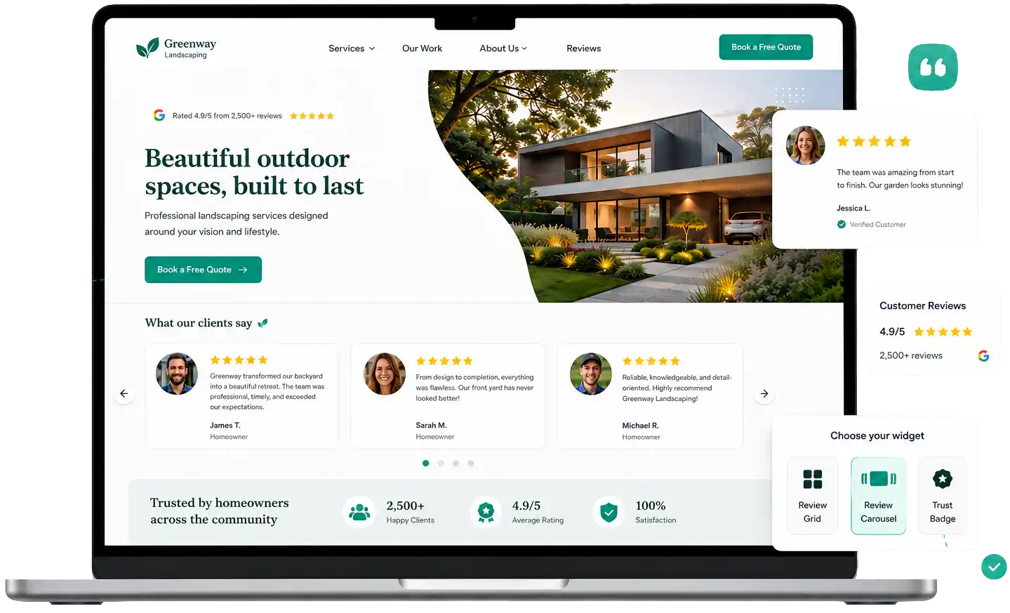 URBO Google reviews widget displayed on a laptop website preview